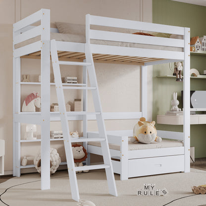 Hoogslaper – Kinderbed – Eenpersoonsbed – Halfhoogslaper – Stapelbed – Wit – 90x200 cm – Ruimtebesparend Met Sofa En Lade – Stevig Massief Houten Frame