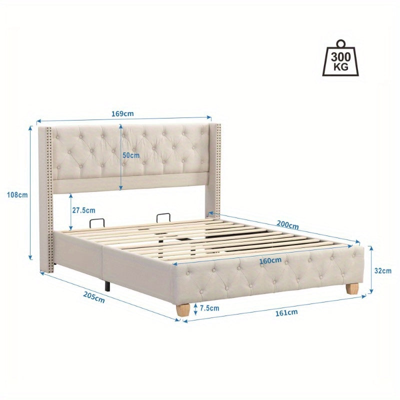 Polsterbed – Bedframe – Slaapbed – Bed – Ledikant – Metalen Frame – 160x200 cm – Linnen Bekleding met Knopen
