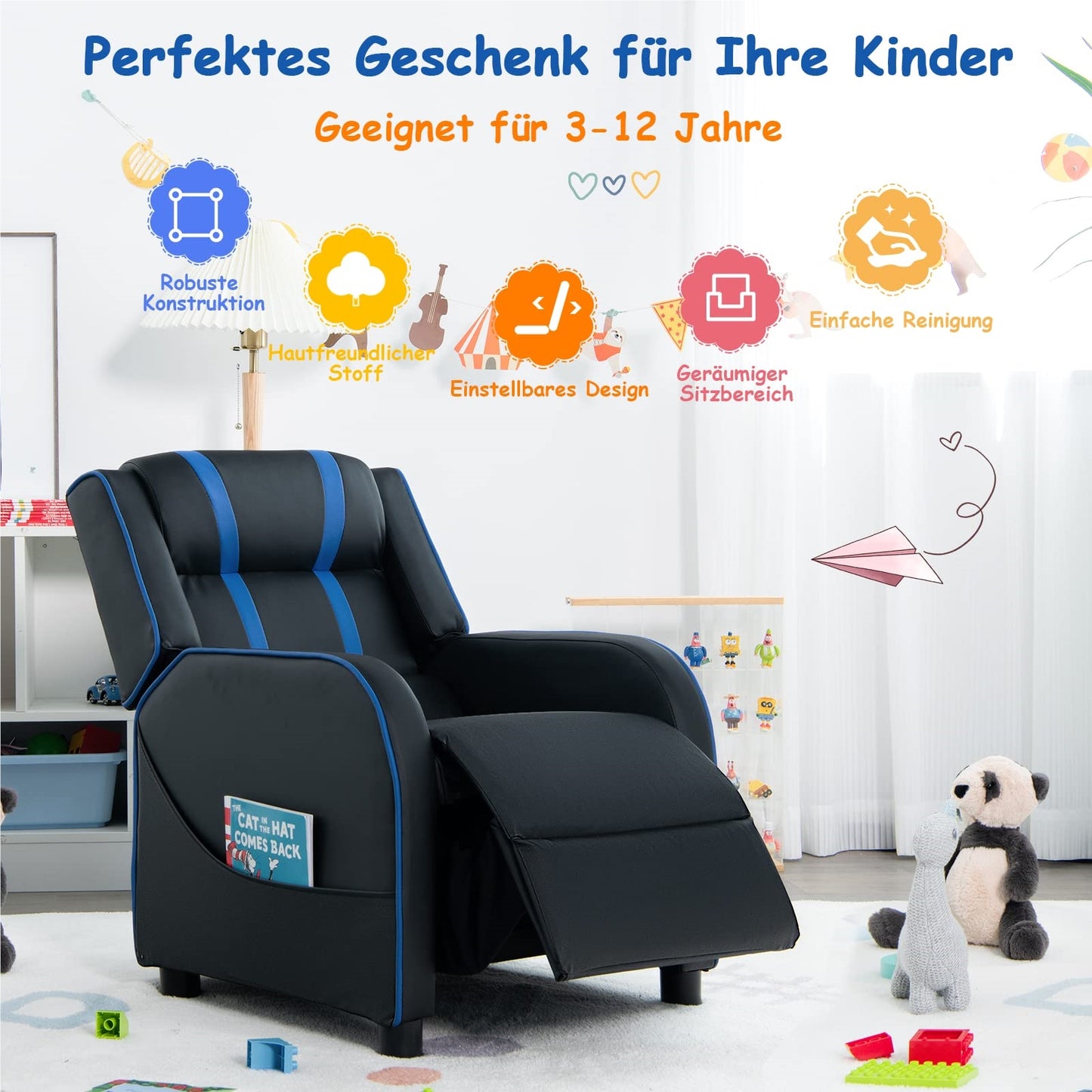 Kinderfauteuil – Kinderstoel – Kinderbank – Kinderzitje – Kindermeubel – Verstelbare Rugleuning en Voetsteun – Kunstleer Blauw 69x53x74 cm