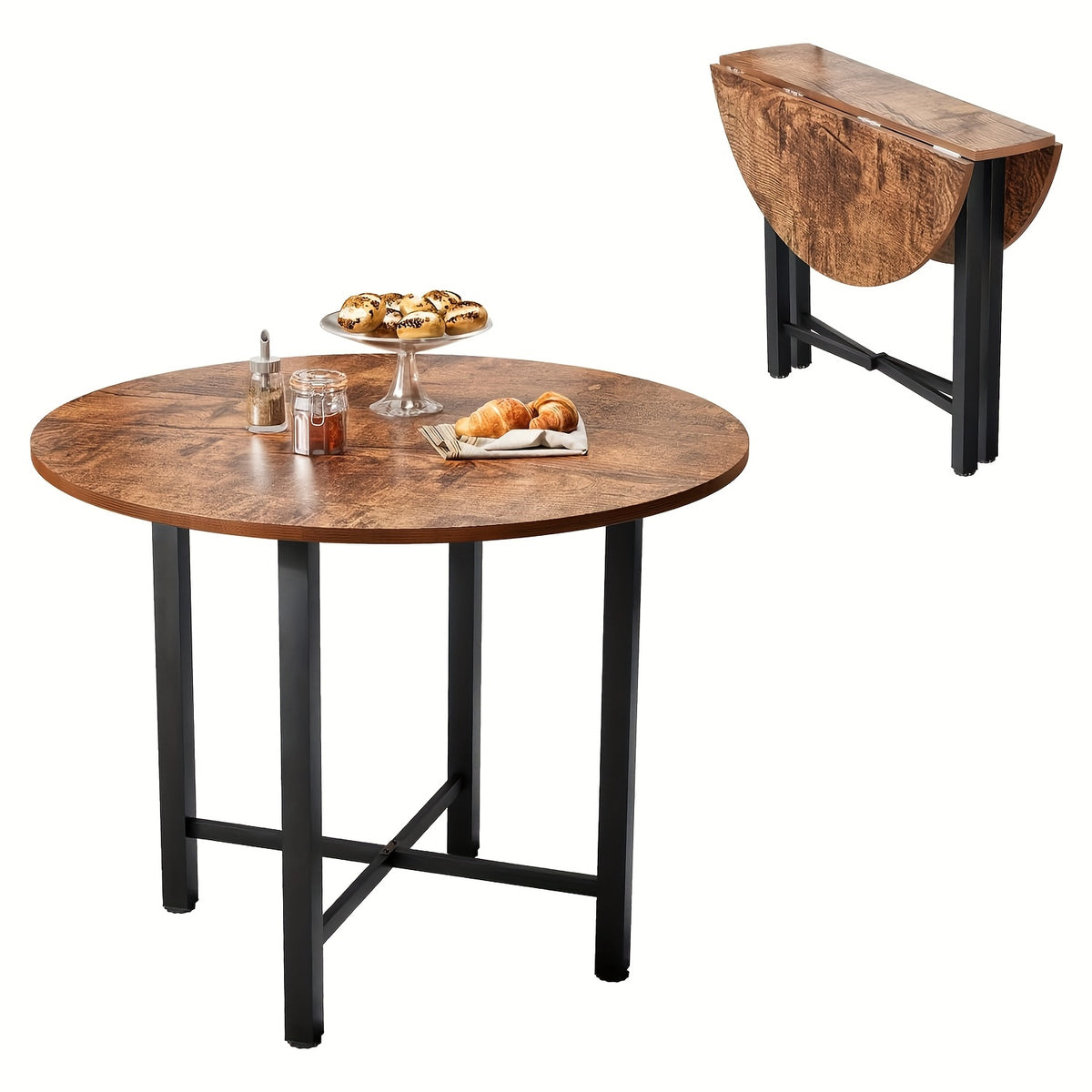 Foldable Round Dining Table - 75cm High, Brown Wooden Kitchen Table for 2-4 People, Rustic Style with Metal Legs, Engineered Wood Top, Perfect for Living Room or Dining Room, Easy Assembly, No Power Needed, Dining Table for Living Room, JoliJour
