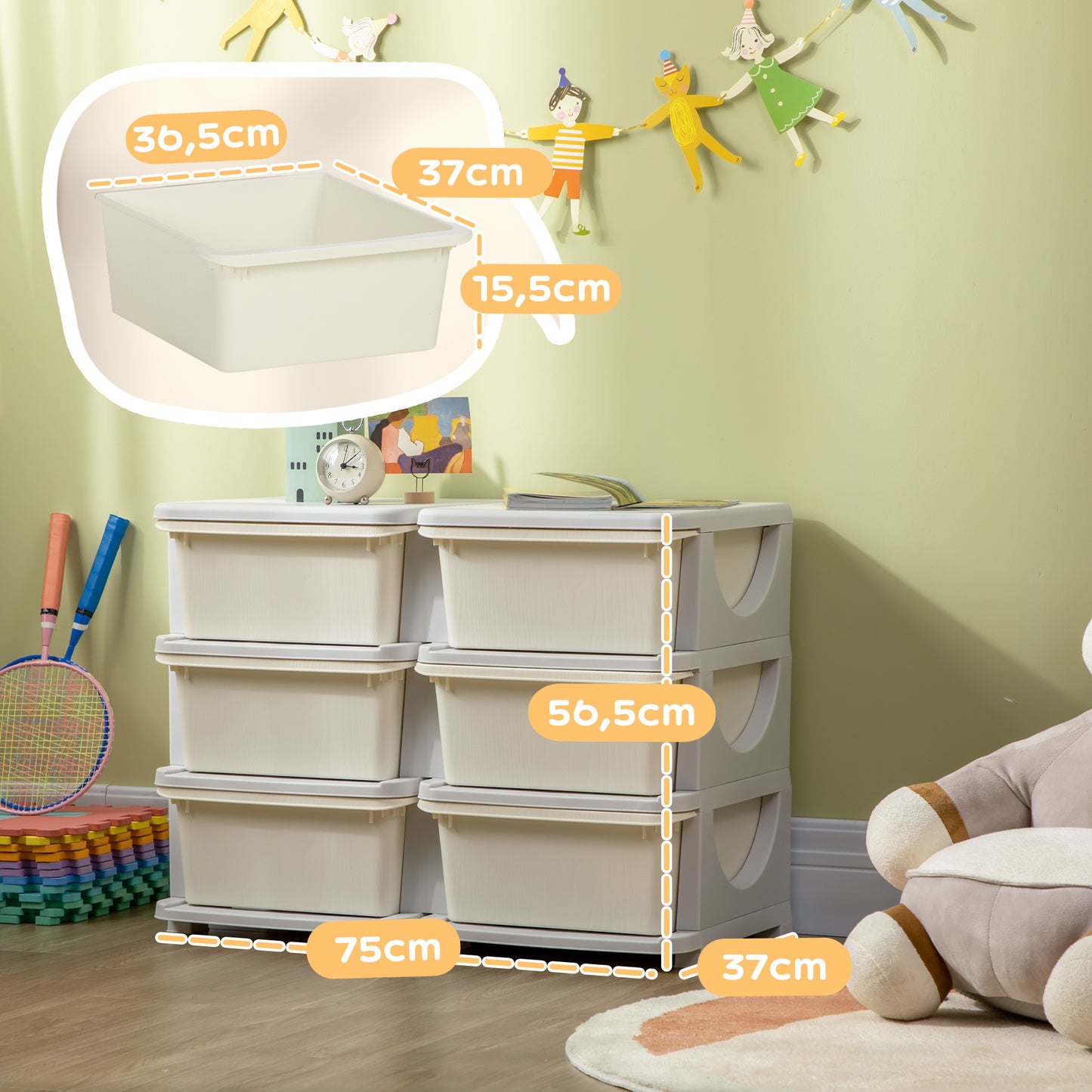Kinderopberger – Opbergbox – Speelgoedkast – Ladeblok – Opberglade – Crèmekleurig Wit – Stevig Kunststof – Drie ruime Lades