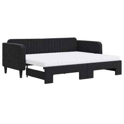 Bedframe – Eenpersoonsbed – Slaapbank – Ledikant – Bedbank – Minimalistisch Hoofdbord – Zwart Velvet – Stevig Houten Frame – Geschikt Voor Matras 90x200 cm