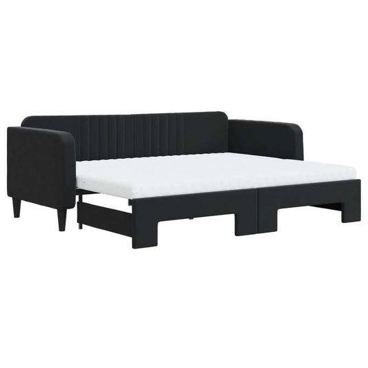 Bedframe – Eenpersoonsbed – Slaapbank – Ledikant – Bedbank – Minimalistisch Hoofdbord – Zwart Velvet – Stevig Houten Frame – Geschikt Voor Matras 90x200 cm