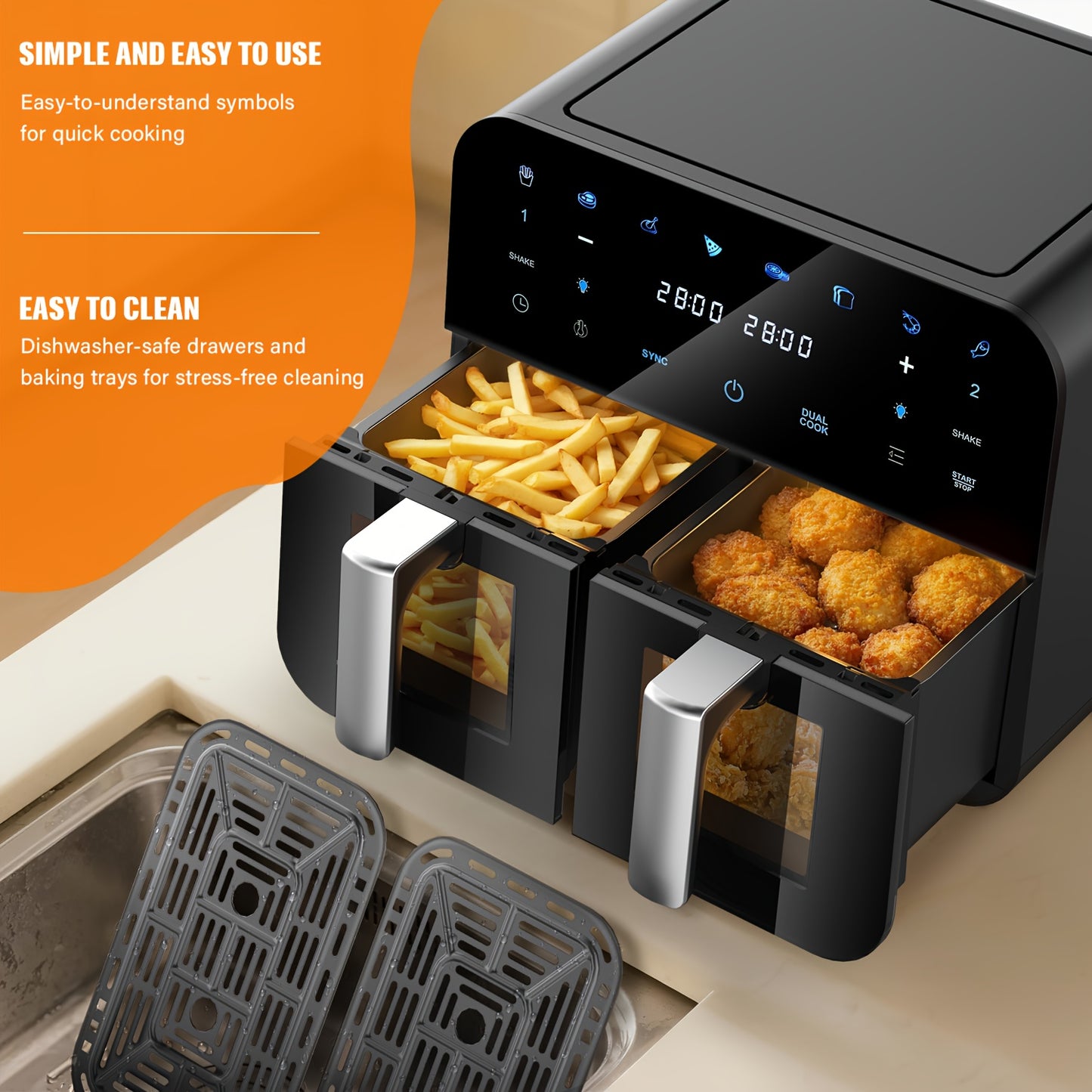 Airfryer – Heteluchtfriteuse – Digital Airfryer – Dubbele Mand – XL Airfryer – 10L Inhoud – 2400W Vermogen – 2×5L Vaatwasserbestendige Manden