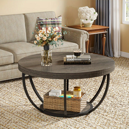 Salontafel – Woonkamertafel – Koffietafel – Bijzettafel – Tafel – 32 Inch Rond – Industrieel Design – Tweelaags Opbergruimte – Stevig Gelamineerd Hout – Grijs Zwart