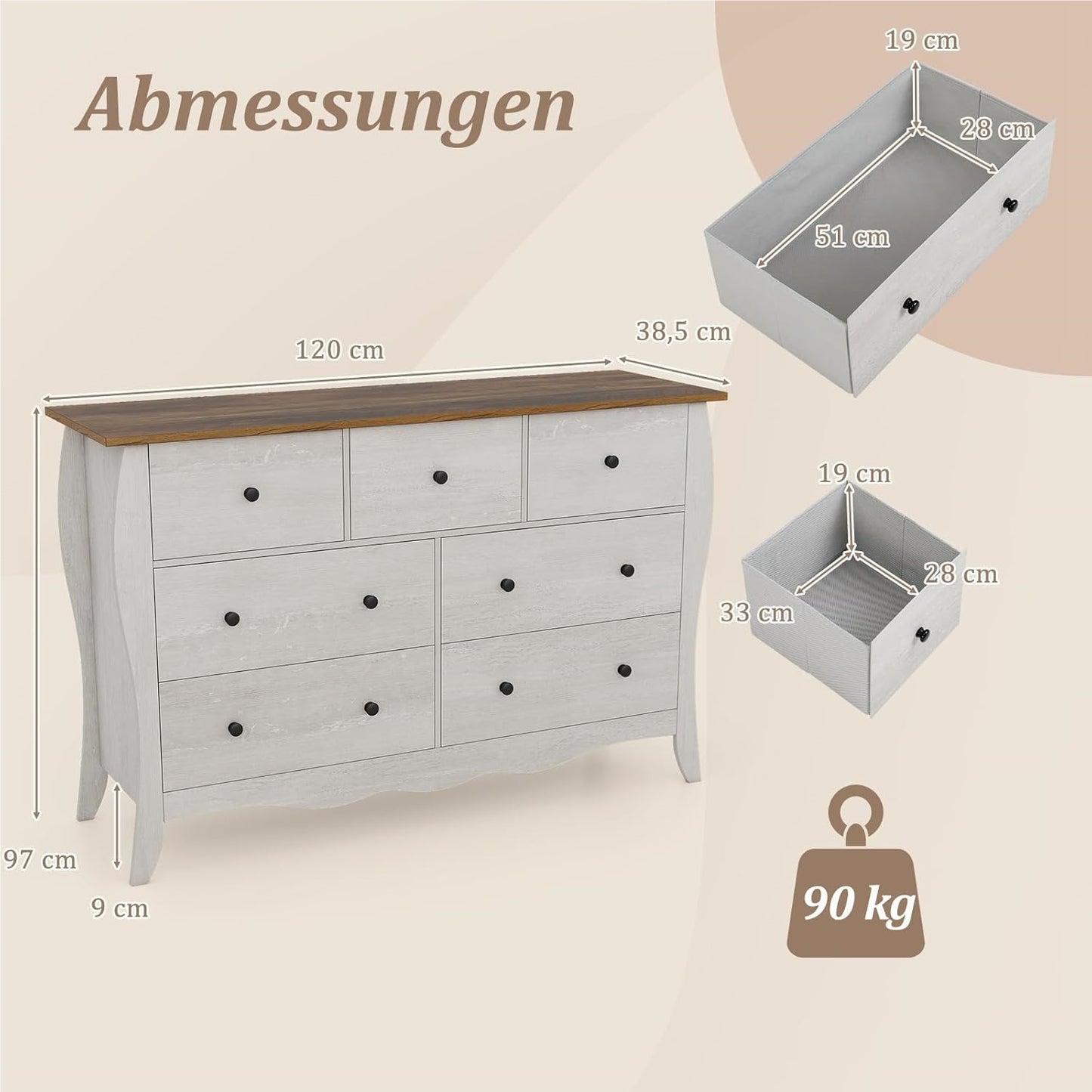 Commode 7 Laden – Ladekast – Dressoir – Opbergkast – Kast Grijs – Landelijke Stijl – Ruime Opbergruimte – Gemaakt Van Houtcomposiet