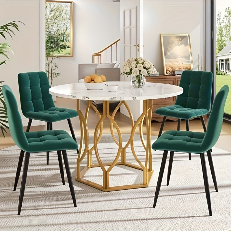 Eettafelset – Eetkamerset – Keukentafelset – Ronde Tafel – Stoelenset – 100 cm Diameter – Wit Tafelblad met Gouden Metalen Poten – Donkergroene Fluwelen Stoelen