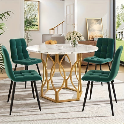 Eettafelset – Eetkamerset – Keukentafelset – Ronde Tafel – Stoelenset – 100 cm Diameter – Wit Tafelblad met Gouden Metalen Poten – Donkergroene Fluwelen Stoelen