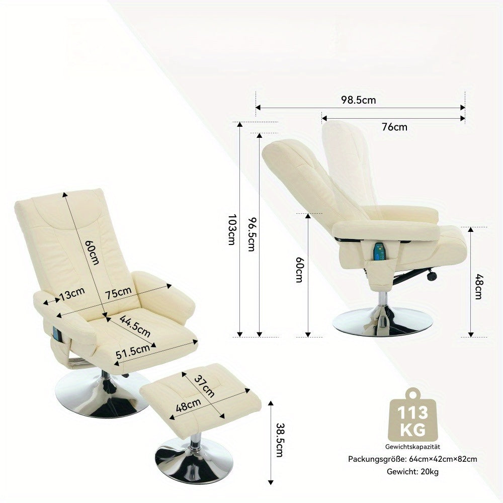 Modern White Beige Reclining Swivel Chair and Footstool Set with 360° Rotating Mechanism, Manual Recliner Sofa with Stool for Living Room, Bedroom - Easy Assembly, Durable Comfortable Lounge Chair with Sturdy Footrest, Space