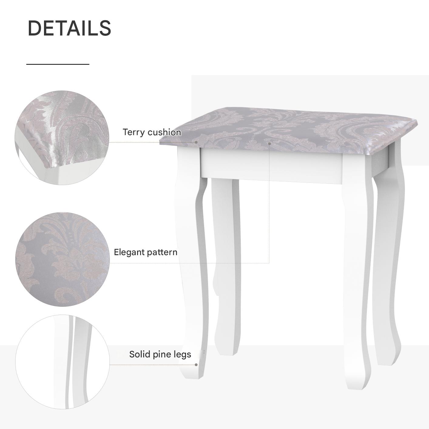 Kaptafel – Make-uptafel – Schminktafel – Beautytafel – Dressingtable – Barokstijl – Kantelbare Ovale Spiegel – 5 Ruime Lades – MDF & Massief Houten Poten – Comfortabele Kruk met Foamvulling – Wit – 80x40x140 cm