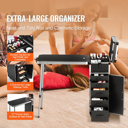 Make-up Train Case – Make-up Koffer – Cosmetica Organizer – Beauty Trolley – Visagie Case – Extra Groot Formaat – Inklapbare Werktafel – 360° Zwenkwielen – Zwart