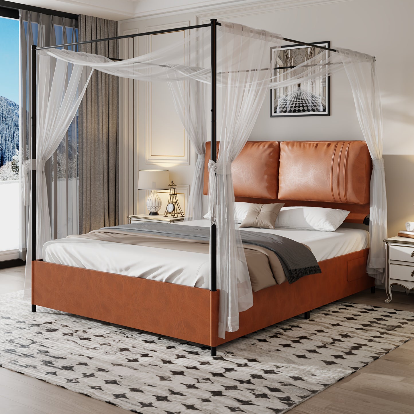 Modern Bedframe – Luxe Bed – Slaapbank – Bedbank – Ledikant – Veervrij Matras – 4,06x5,08 Meter – Afneembare Lederen Delen – Metalen Gespen – Kant-en-Klaar Montagesysteem