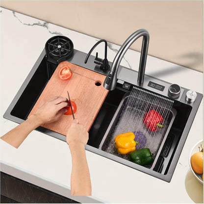 Keukenspoelbak – Spoelbak RVS – Keukenspoelbak Enkel – Werkstation Spoelbak – Enkele Kom Spoelbak – 68x45 cm – Roestvrij Staal – Digitaal Display Met Kraan Combo