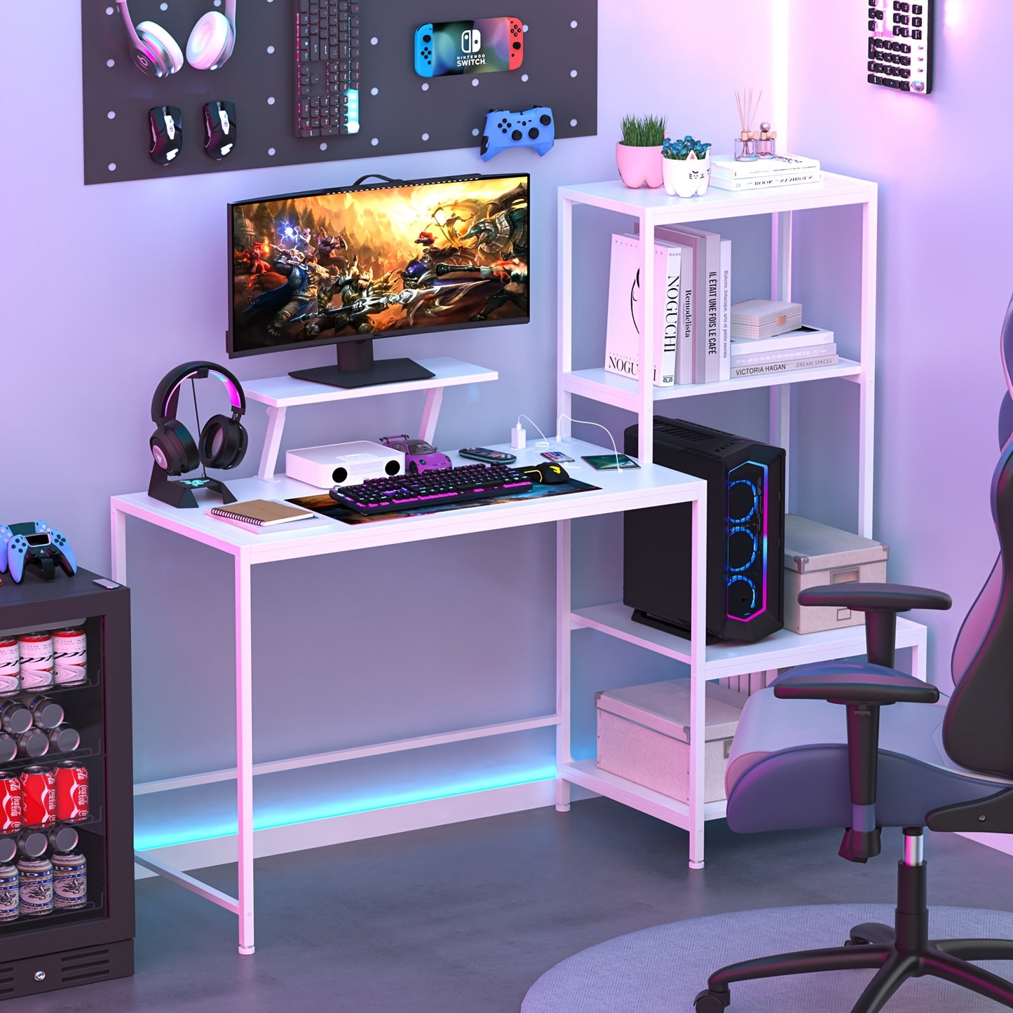 Gamingbureau – Gaming Desk – Computertafel – Bureautafel – Game Bureau – Wit – 152,4x48,3x124,5 cm – Legeringsstaal Frame & Eikenfineer Blad