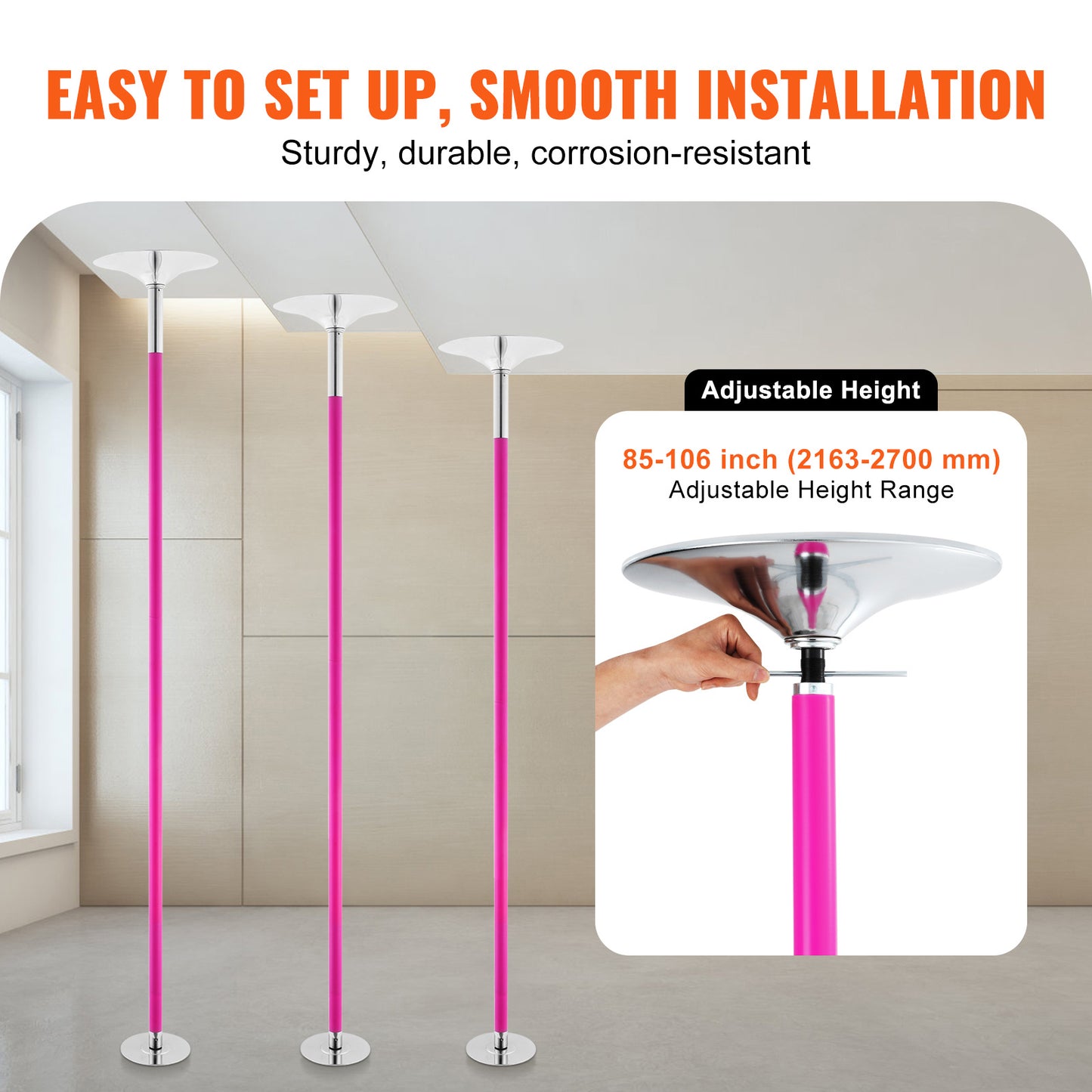 Danspaal – Dansstok – Pole Dance Paal – Fitnesspaal – Spinning Paal – Roestvrij Staal 40mm – Verstelbare Hoek 216-270cm