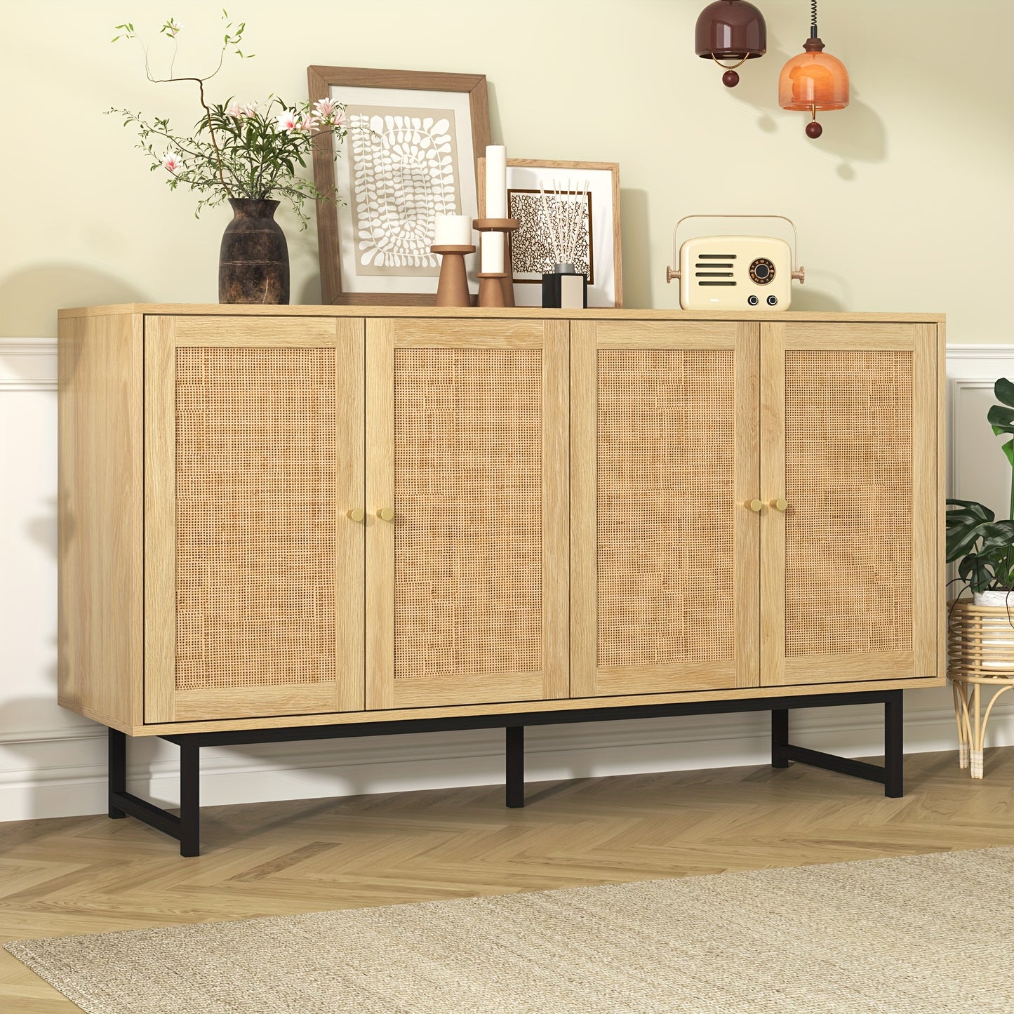 Dressoir – Dressoirs – Opbergkast – Ladekast – Wandkast – 140x39,5x80 cm – Echt Rotan En Hout – Ruime 4-Deurs Kast