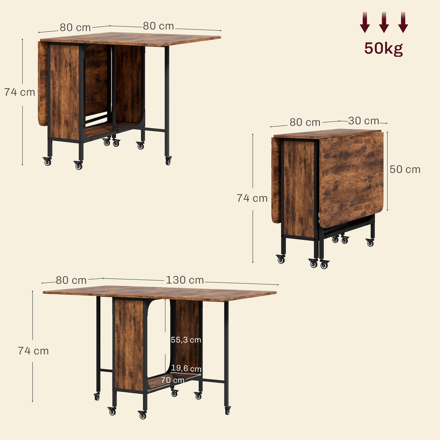 Opvouwbare Eettafel – Vouwtafel – Inklapbare Tafel – Mobiele Tafel – Uitklapbare Tafel – Rustic Brown – Ruimte Voor 6 Personen – Met Opbergrek