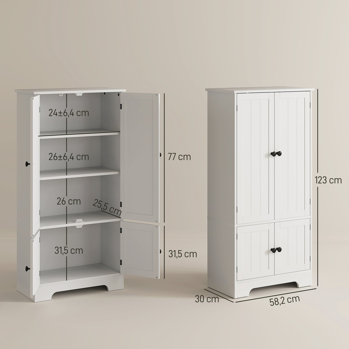 HOMCOM Kitchen Armoire Buffet Cabinet with Adjustable Shelves And Cupboards for Dining Room, Living Room, 58.2 X 30 X 123 Cm, White
