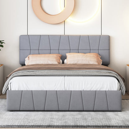 Bedframe – Tweepersoonsbed – Gestoffeerd Bed – Bedbank – Platformbed – Verstelbaar Hoofdbord – 160x200 cm – Grijze Linnen Bekleding – Opberglades – Metalen Frame