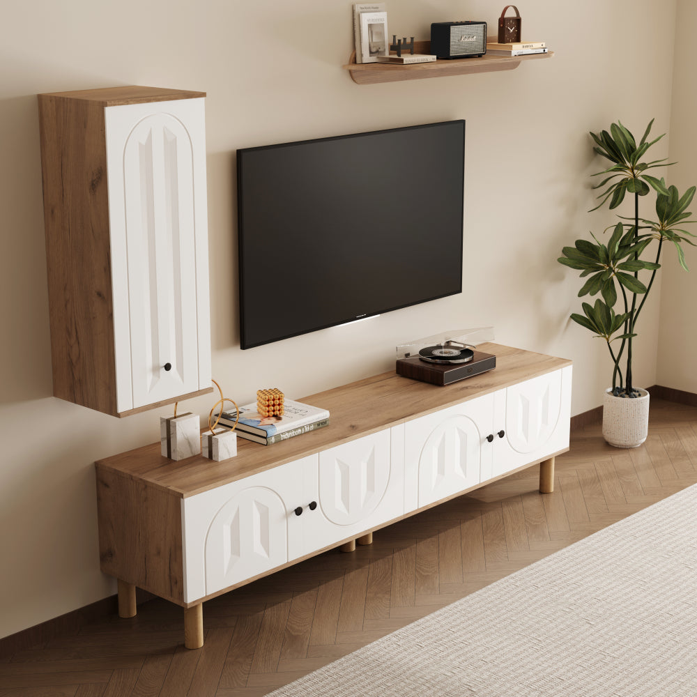 3pcs Modern Metal Storage Cabinet Set with Carved Door & Wall Shelf - Freestanding Tall TV Stand, Display Cabinet with Open/Enclosed Shelves, Space-Saving Design for Living Room, Home Office - Sturdy Metal Construction, No El
