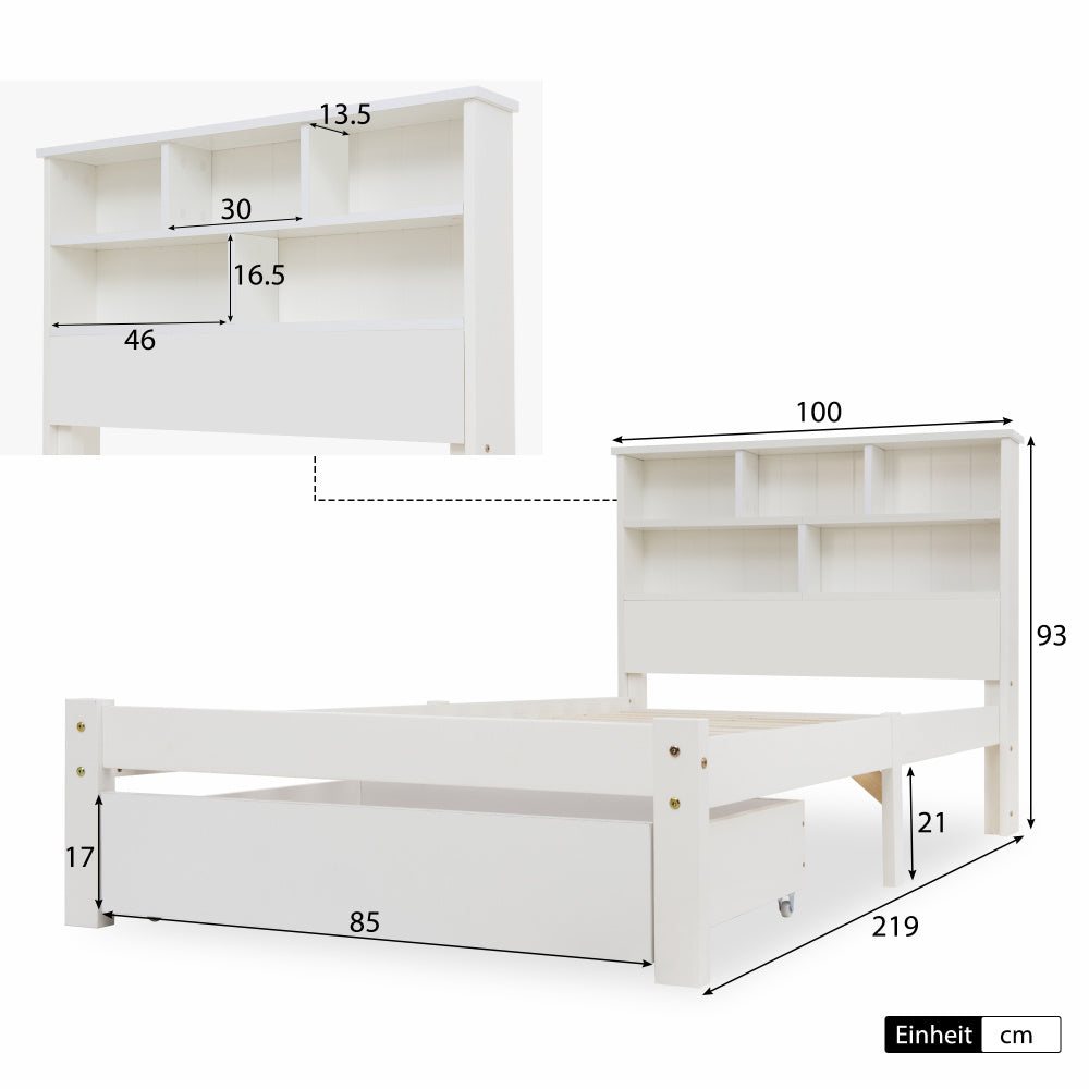 Eenpersoonsbed – Bed met Opberglades – Opbergbed – Slaapbed – Kinderbed – 90x200 cm – Wit – Stevige Lattenbodem – Ruime Lades
