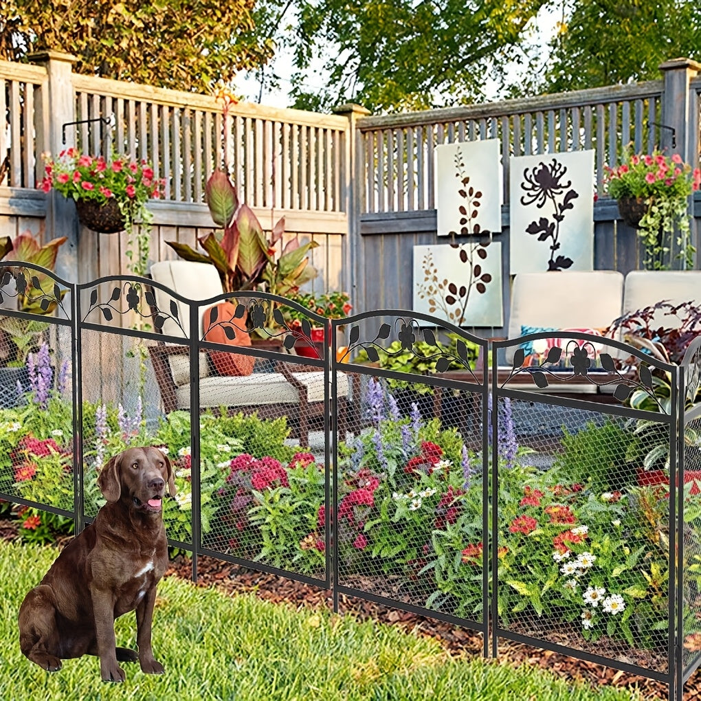 5-Delige Zware Metalen Tuinafsluiting – Rustiek Zwart, Dierenspeelruimte & Barrière – Weerbestendig, Decoratief Scrollwerk, Binnen en Buiten
