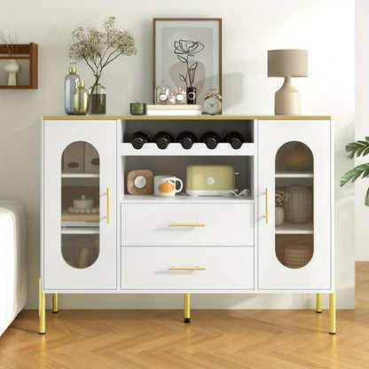 Dressoir – Kast – Sideboard – Opbergkast – Ladekast – Wit MDF Met Glazen Deuren – Inclusief Wijnrek En Lades – Stijlvol En Ruim Opbergmeubel