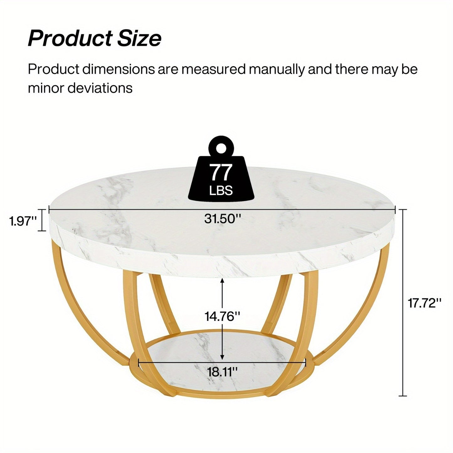 Ronde Salontafel – Cocktailtafel – Bijzettafel – Tafel – Woonkamertafel – Modern Design – Wit Marmerlook – Gouden Poten – 2-Laags Opbergruimte – Eenvoudige Montage