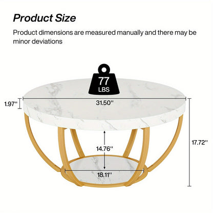 Ronde Salontafel – Cocktailtafel – Bijzettafel – Tafel – Woonkamertafel – Modern Design – Wit Marmerlook – Gouden Poten – 2-Laags Opbergruimte – Eenvoudige Montage