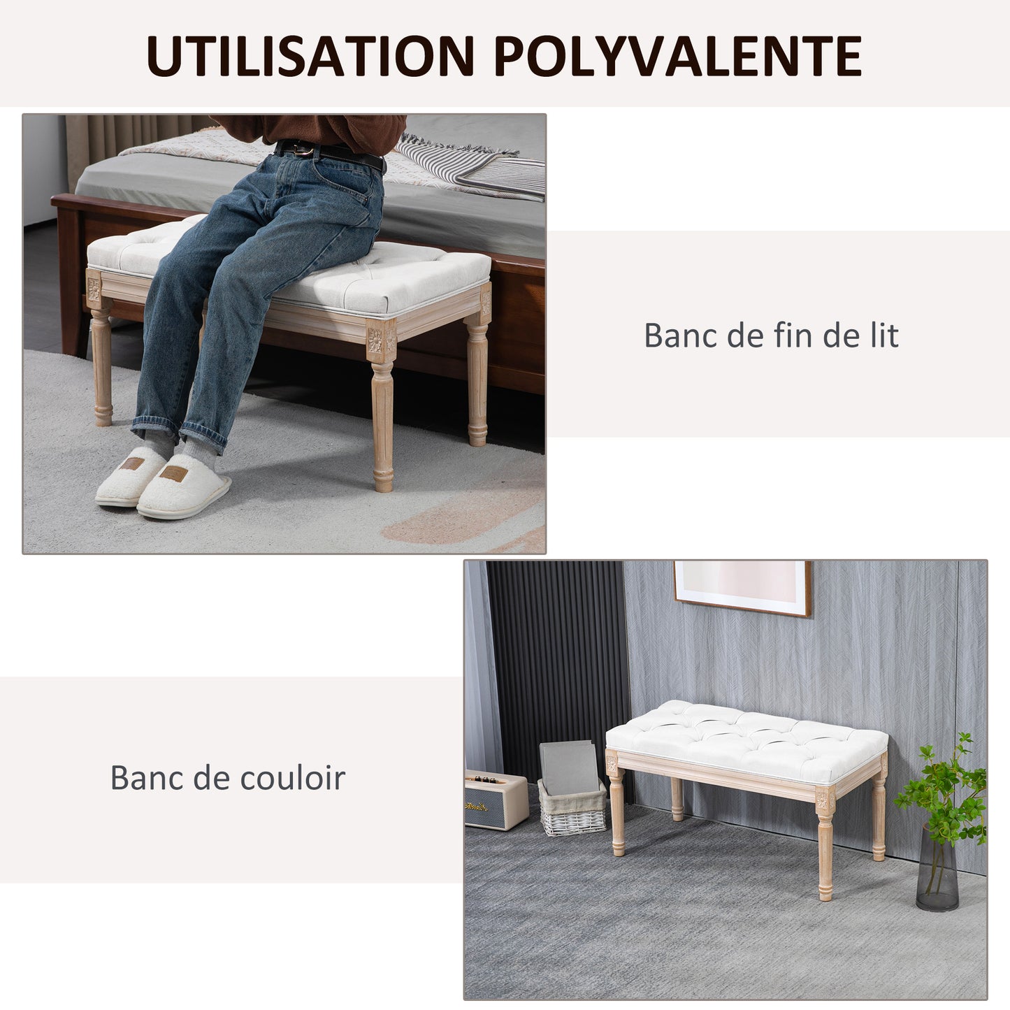 Opbergbank – Zitbank – Halbank – Opbergkist – Bankje – Vintage Franse Stijl – Crème Stof – Houten Poten – 117x40x48 cm – Max. 120 kg draagvermogen