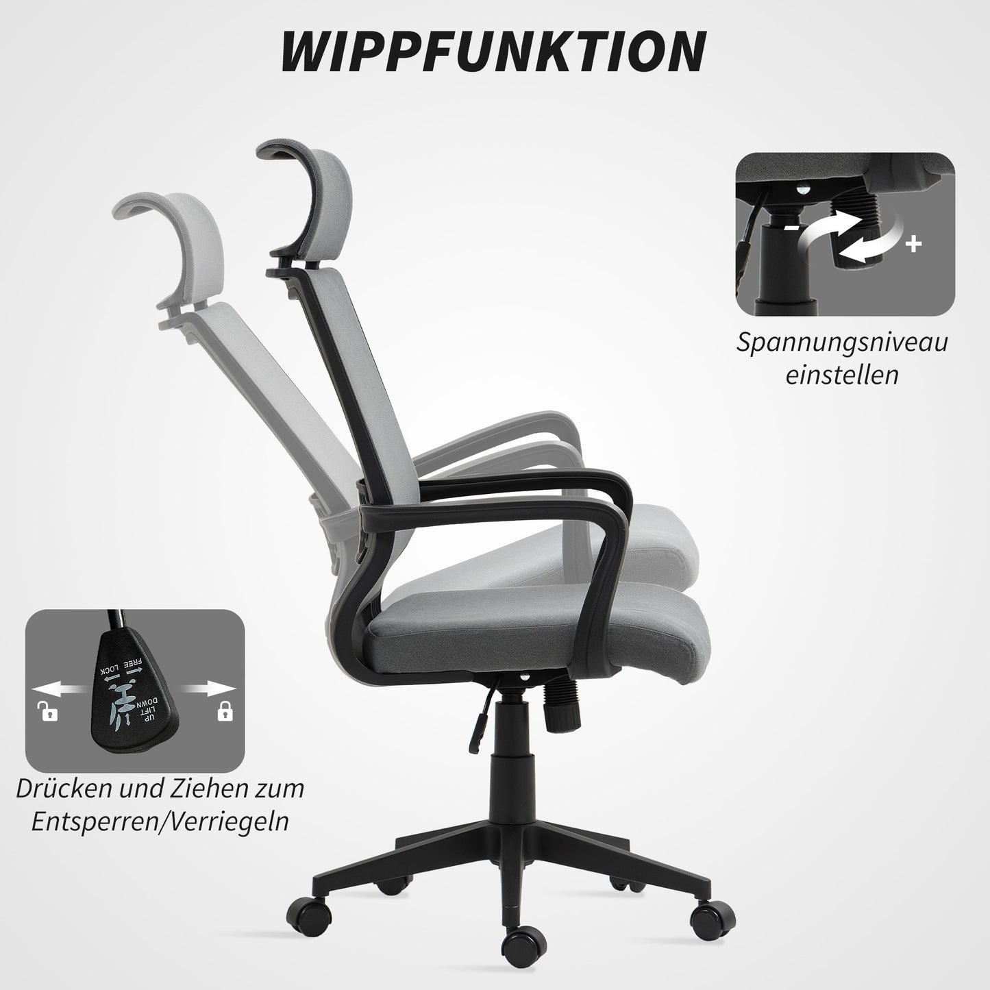 Bureaustoel – Office Chair – Werkstoel – Desk Chair – Stoel Met Wieltjes – Donkergrijs – Verstelbare Zithoogte – Zachte Synthetische Wol Rugleuning