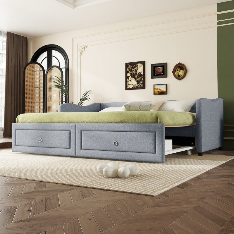 Slaapbank – Sofa Bed – Bedbank – Uitschuifbed – Bedbank met Lade – Grijze Linnenstof – Ruimtebesparend Ontwerp – Met 2 Opberglades