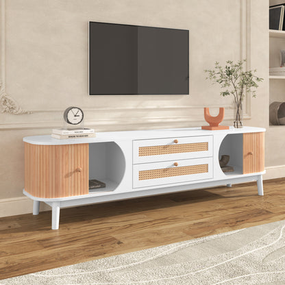 Tv-meubel – TV Kast – Televisiedressoir – Media Meubel – TV Meubel Wit – Landelijke Stijl – Rattan Detail – Veel Opbergruimte