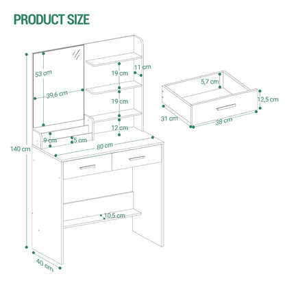 Kaptafel – Make-up Tafel – Schminktisch – Vanity Table – Dressing Table – Wit Met Spiegel – 4 Open Schappen & 2 Lades