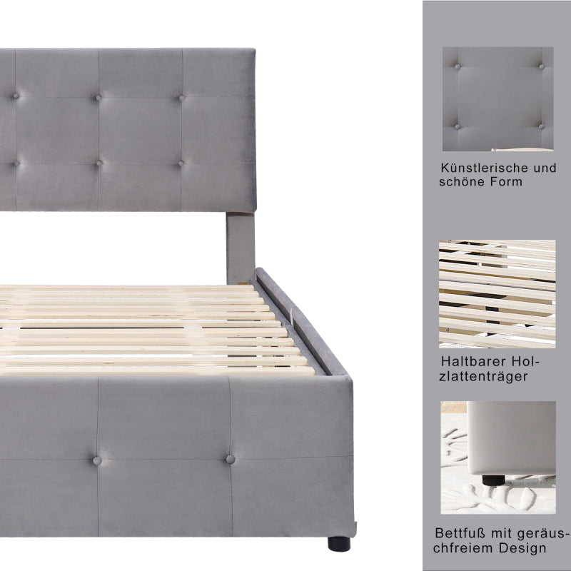 Eenpersoonsbed – Bed – Jongerenbed – Logeerbed – Slaapbed – Verstelbaar Hoofdbord – Zachte Velvet Stof – 90x200 cm – Met Opberglades – Grijs