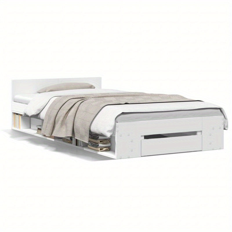 White Bed Frame with Drawer, 100X200 Cm, Made of Multilayer Wood, Removable And Sturdy.