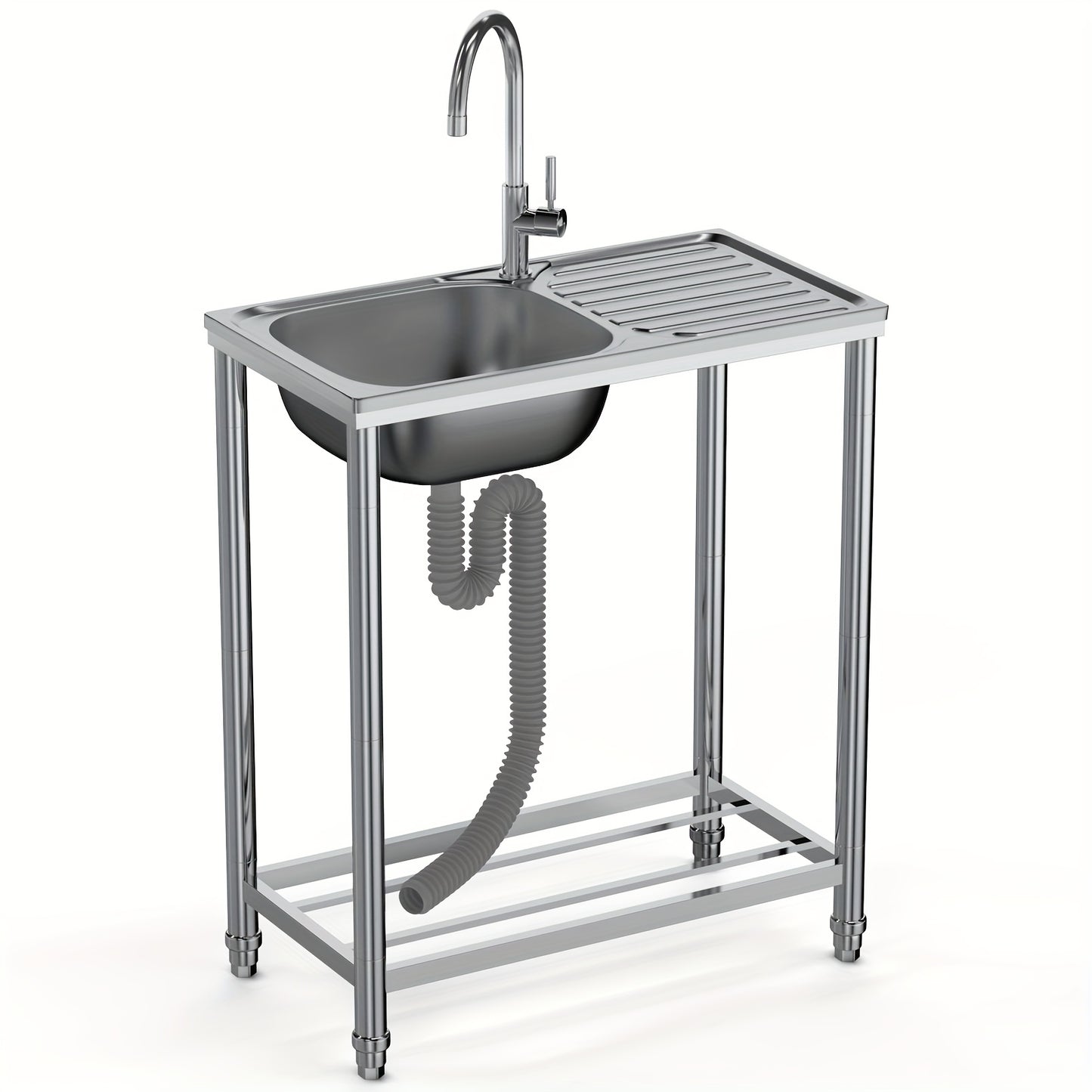 Stainless Steel Standalone Sink with Worktop, Kitchen Sink with Hot And Cold Water Taps And Drainage Kit, Outdoor Portable Sink with Adjustable Feet, Suitable for Camping, Garden, Bathroom, Garage, Single-Basin Kitchen Sink,