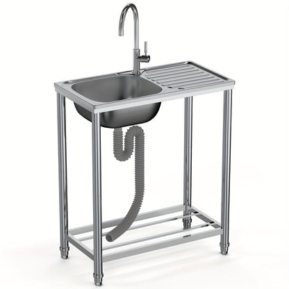 Stainless Steel Standalone Sink with Worktop, Kitchen Sink with Hot And Cold Water Taps And Drainage Kit, Outdoor Portable Sink with Adjustable Feet, Suitable for Camping, Garden, Bathroom, Garage, Single-Basin Kitchen Sink,