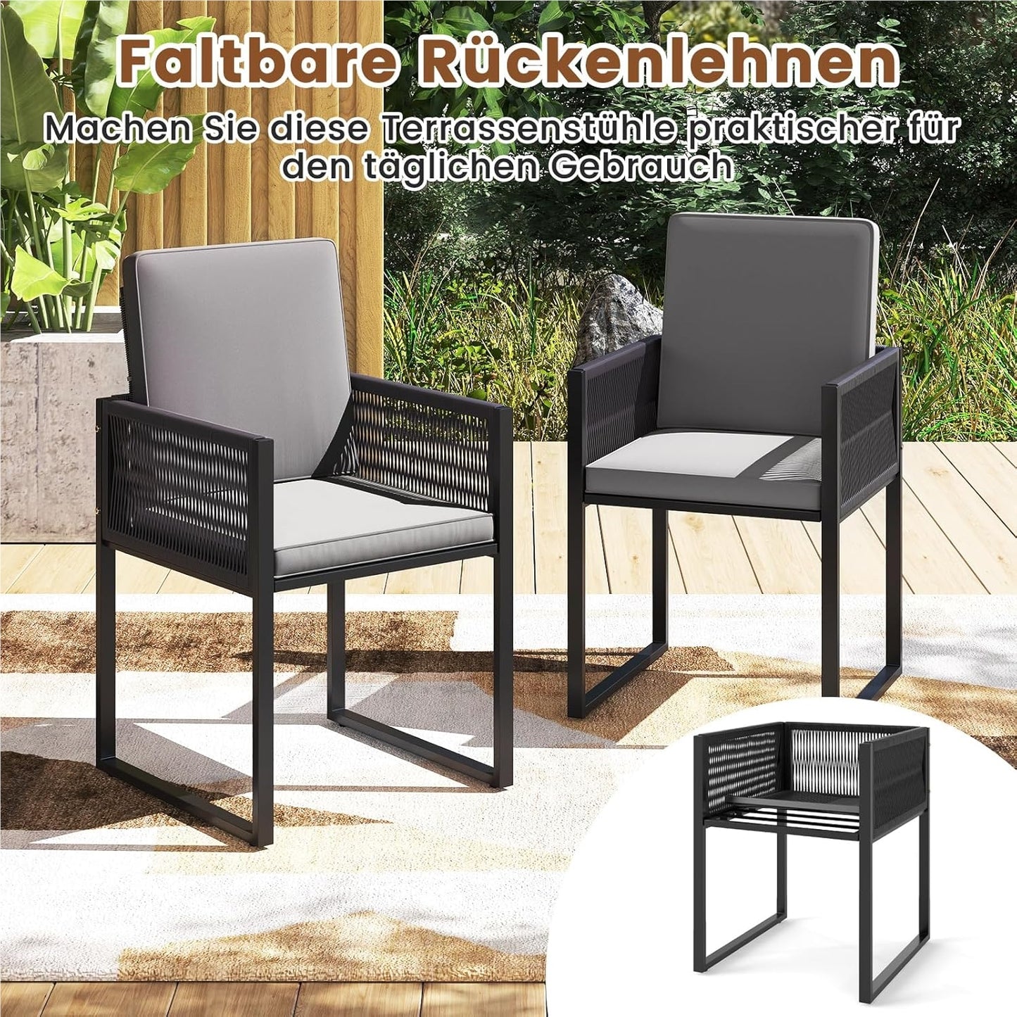 Tuinset – Loungeset – Balkonset – Zitgroep – Bistroset – 5-delig rattan met kussens – Opbergbare voetensteun en inklapbare rugleuning