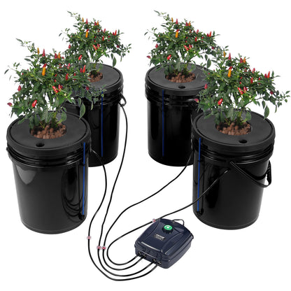 Deep Water Culture Hydrocultuursysteem – Hydroponisch Systeem – Plantenbakken – Hydrocultuur Kit – Groeisysteem – 4 x 19L PP Bakken – Krachtige Luchtpomp met Waterniveaumeter – Zwart