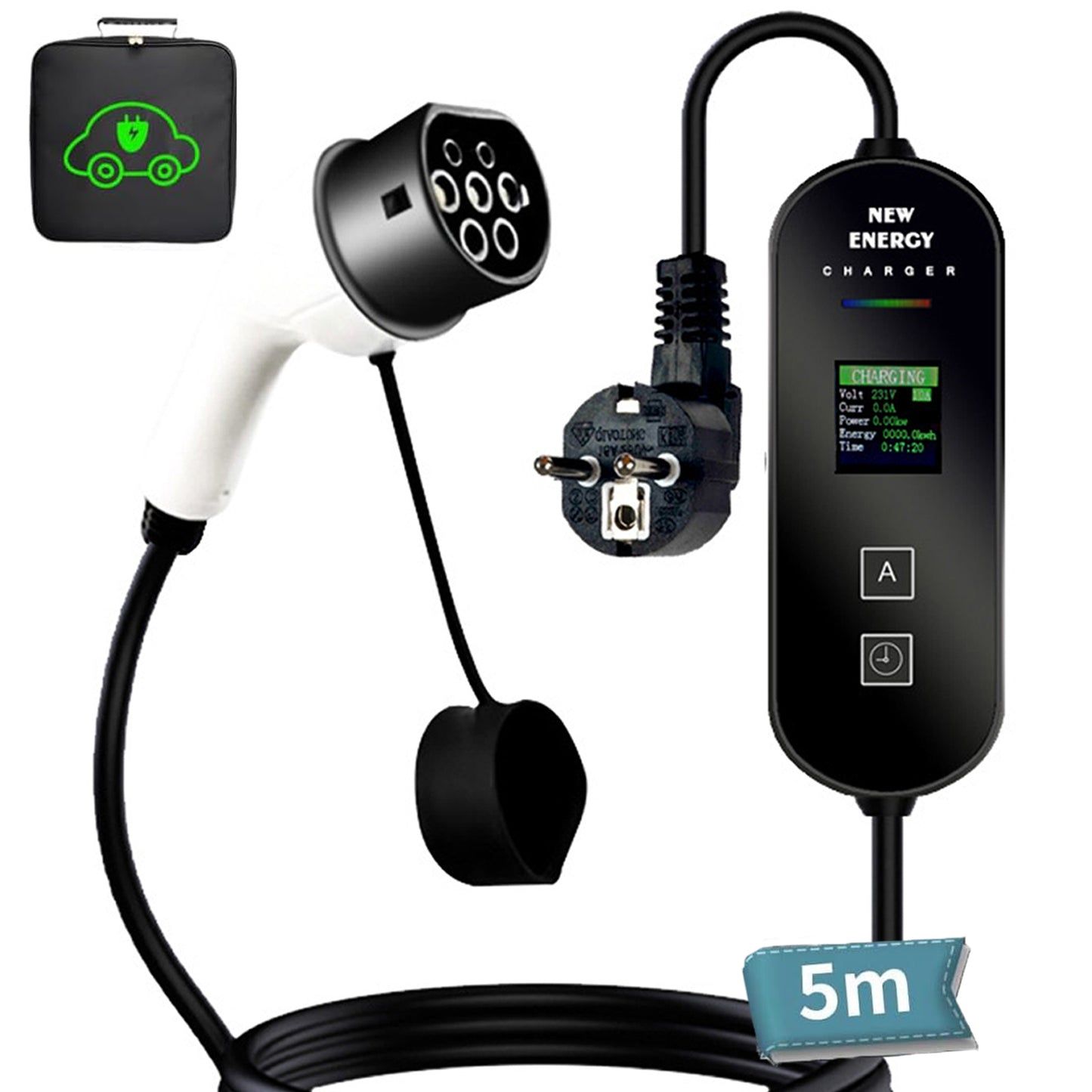 EV Laadpaal – EV Lader – Elektrische Oplader – Mobiele Lader – Laadstation – 3,6 kW Vermogen – Verstelbare Laadstroom 8-16A – LED Display – 5 Meter Kabel