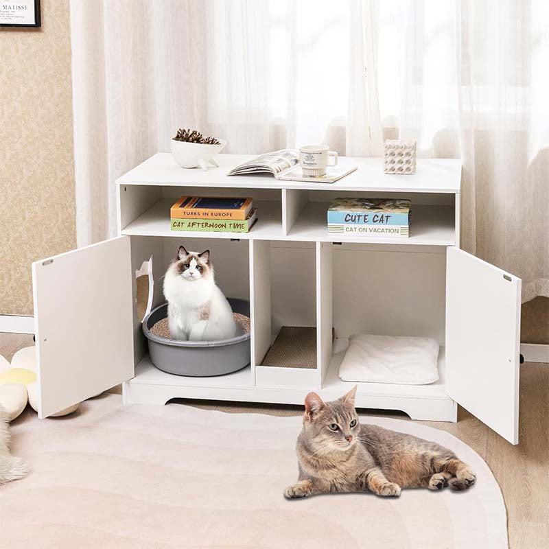 Kattenbakkast – Kattenbakmeubel – Kattenhuis – Kattenbakverstopper – Bijzettafel – Wit – Verborgen Ontwerp – Ruime Opbergruimte