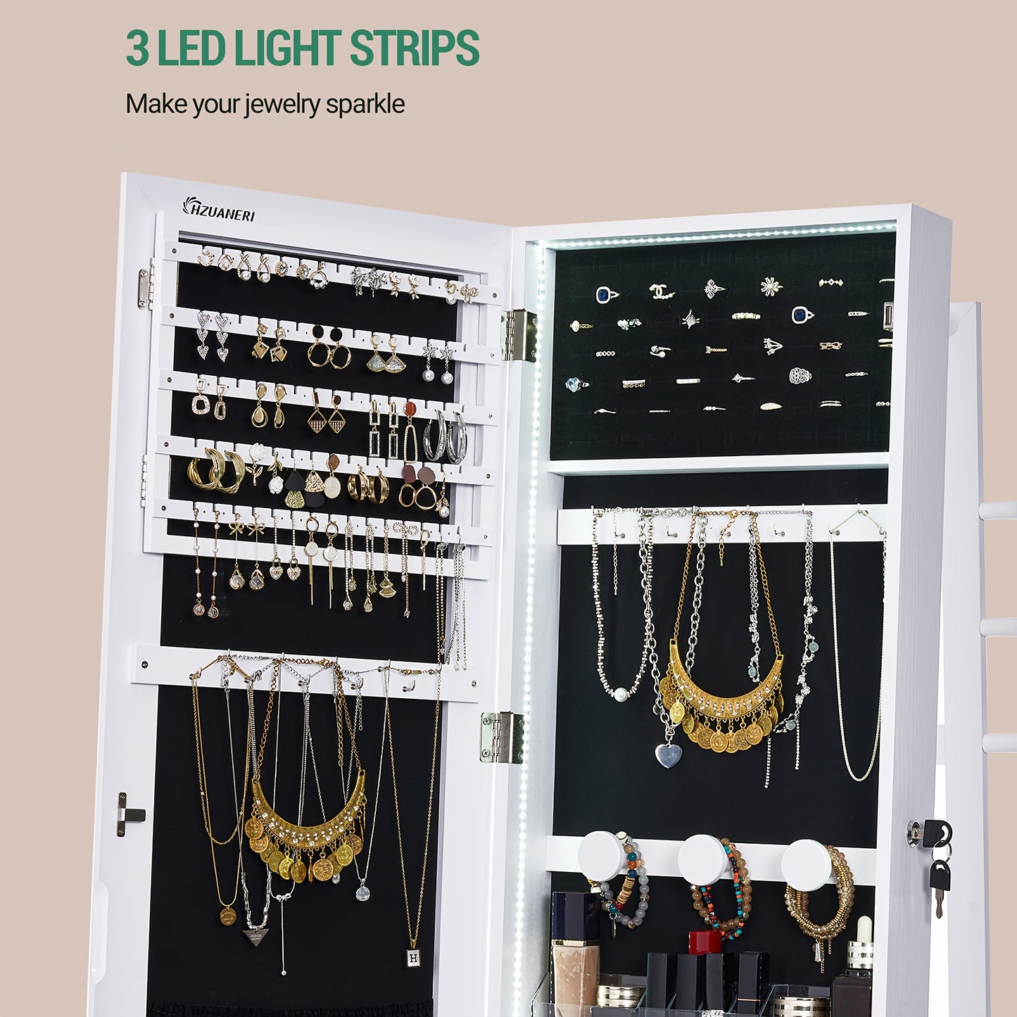 Sieradencabinet – Sieradendoos – Juwelendoos – Sieradenkast – Sieradenopberger – Volledige Spiegel 169 cm – Verplaatsbaar Met Wieltjes En Slot