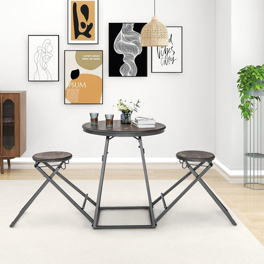Barset – Opvouwbare Bartafel – Barkrukset – Keukenbar – Compact Eettafelset – Ruimtebesparend Ontwerp – Stabiel Metaal Frame – Grijs Houtnerf