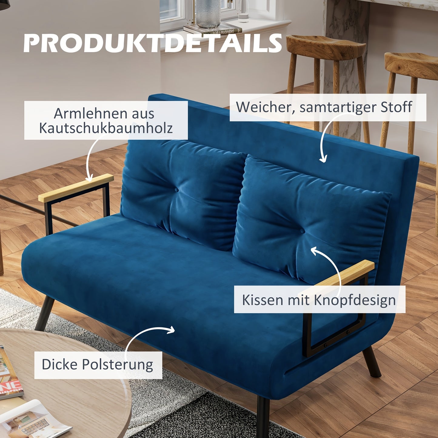 Slaapbank – Bedbank – Slaapstoel – Logeerbed – Bankstel – Verstelbare Rugleuning – Velvet Stof – 102x73x81 cm – Metalen Frame – Multifunctioneel Moderne Design – Blauw