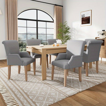 Eetkamerstoel – Keukenstoel – Stoel – Lounge Stoel – Zithoek Stoel – Linnen Bekleding – Verstelbare Zithoogte – Set Van 6 – Massief Houten Poten – Dikke Zitting – Met Armleuningen