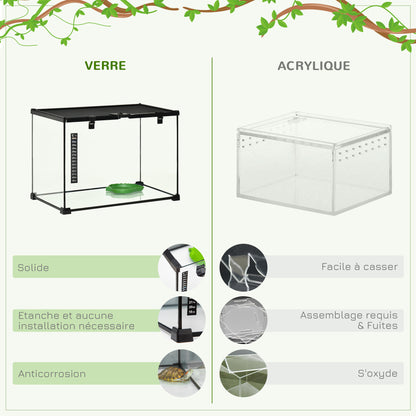 Terrarium – Reptilienbox – Faunarium – Vivarium – Habitat – Gehard Glas – Metalen Gaas Ventilatie – 50x30x35 cm – Schuifdeksel Transparant