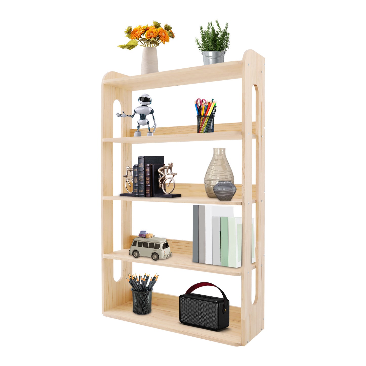 Boekenkast – Boekplank – Opbergkast – Boekrek – Boekstelling – 5-Laags – Onbehandeld Dennenhout – 80x26x130 cm – Ruimtebesparend Design