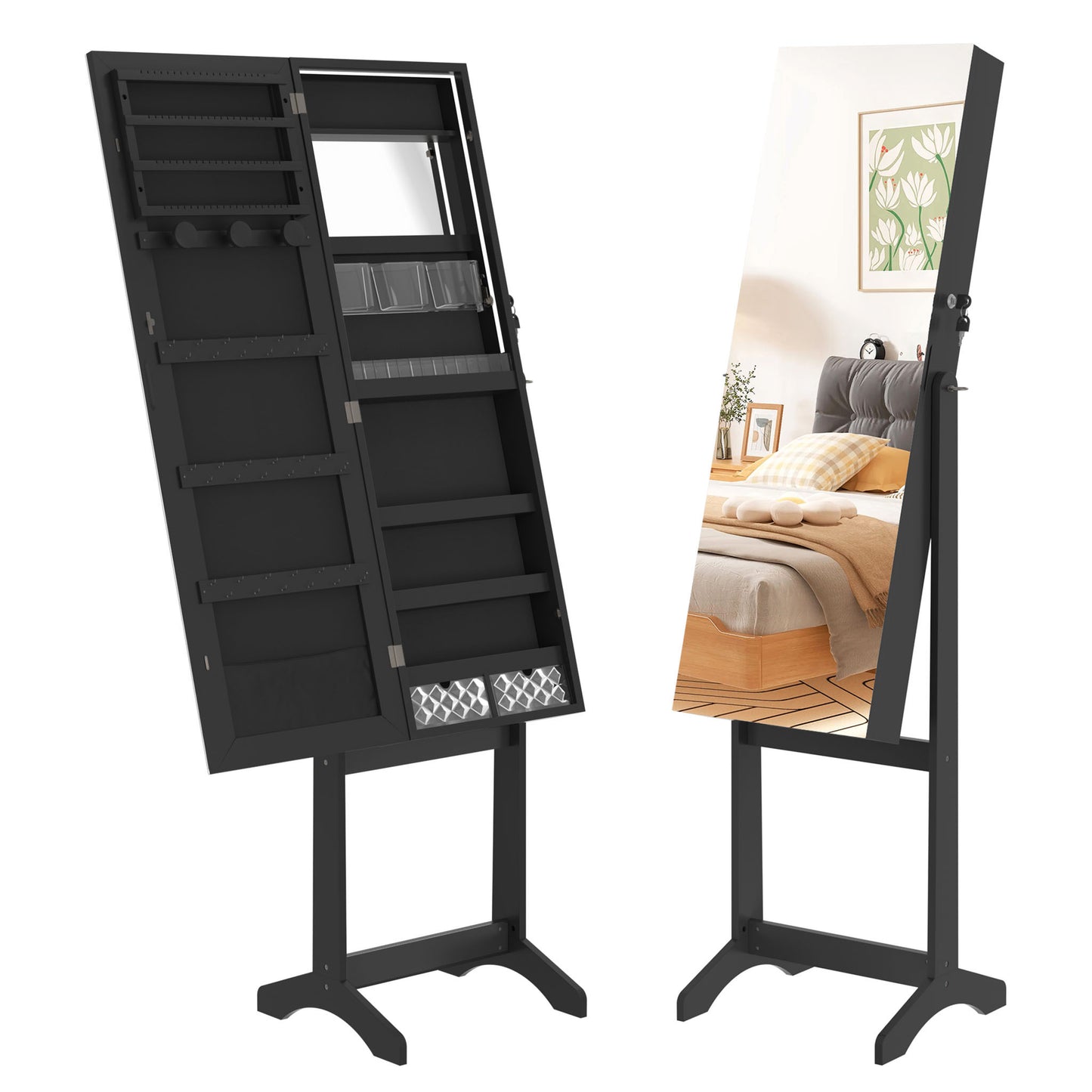 Sieradekast – Juwelendoos – Sieradenkist – Sieradenopberger – Staande Kast – Verstelbare Spiegel – Afsluitbaar Slot – MDF Constructie – Ruimtebesparend Design – 152x39,5x36,5 cm – Zwart met Zwarte Bekleding