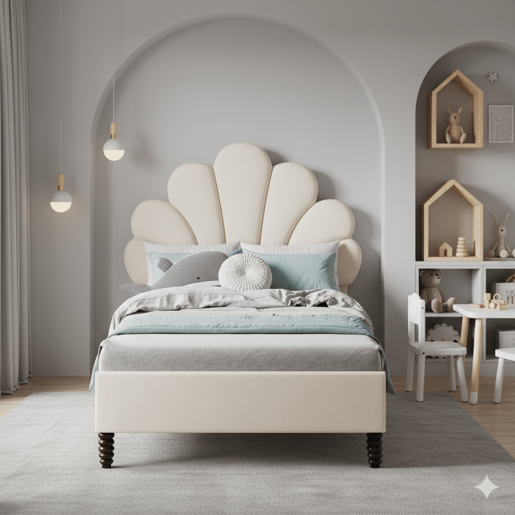 Gestoffeerd Bed – Slaapbed – Bedframe – Houten Bed – 90x200 cm – Fluwelen Bloemvormige Hoofdbord – Comfortabel en Warm – Beige